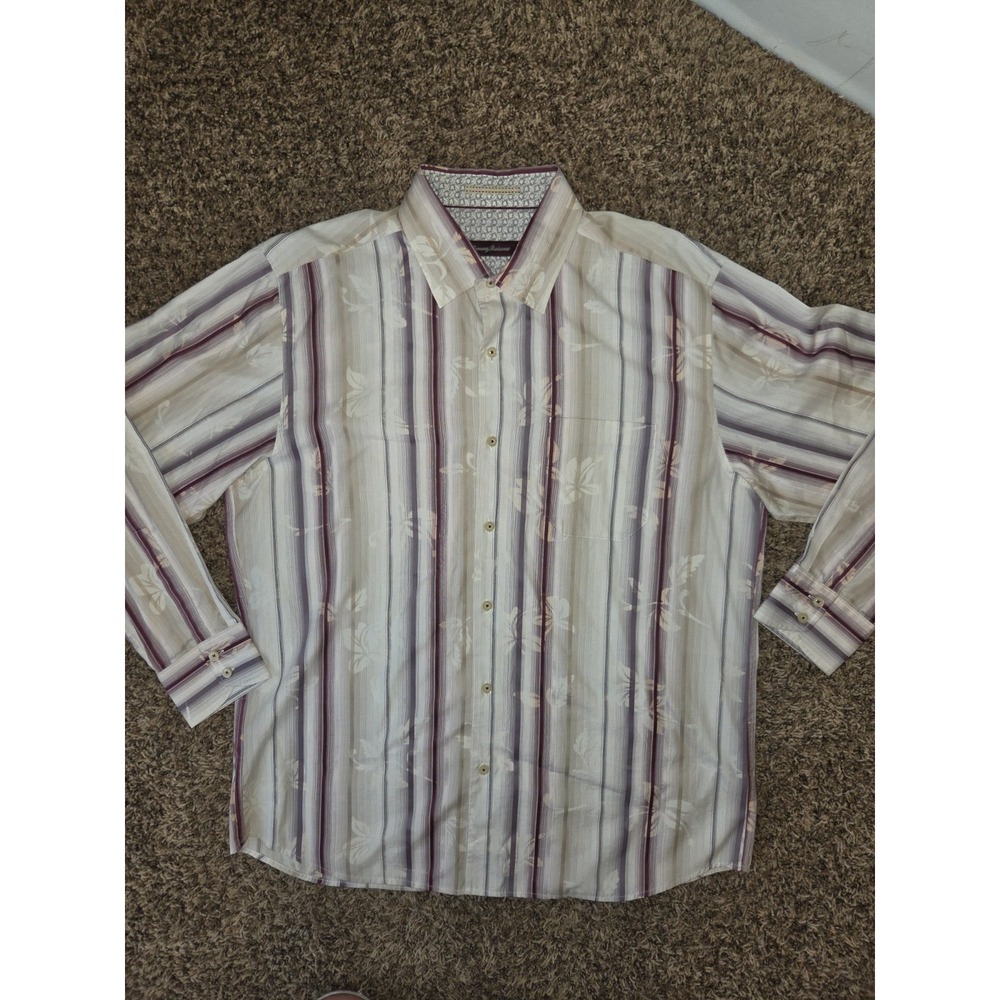 Tommy Bahama Hawaiian Shirt Mens LARGE Burgundy Cream Silk Blend Long Sleeve